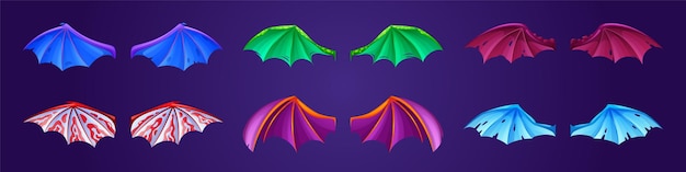 Vetor grátis cores diferentes de asas de dragão isoladas no fundo. conjunto de desenho vetorial de asas de morcego de couro fofinho, animal ou monstro de fantasia, criatura voadora de conto de fadas, diabo ou vampiro