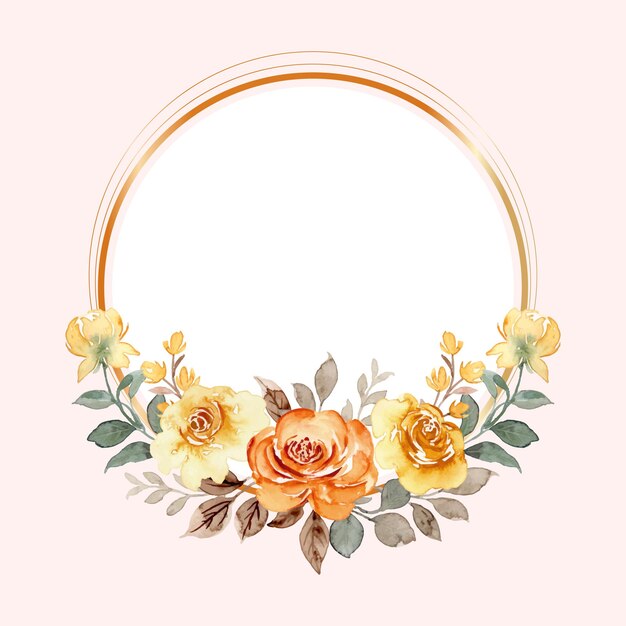 Coroa de flores de rosa amarela em aquarela com círculo de ouro