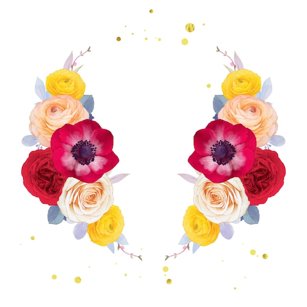 Coroa de flores em aquarela de anêmona rosa vermelha e flor de ranúnculo