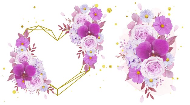Coroa de flores em aquarela e buquê de rosa roxa e orquídea