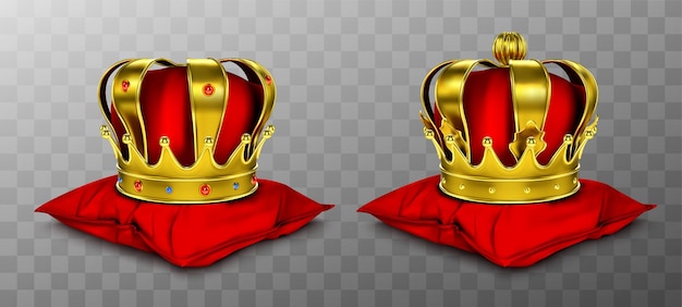 Vetor grátis coroa real dourada para rei e rainha em almofada vermelha.