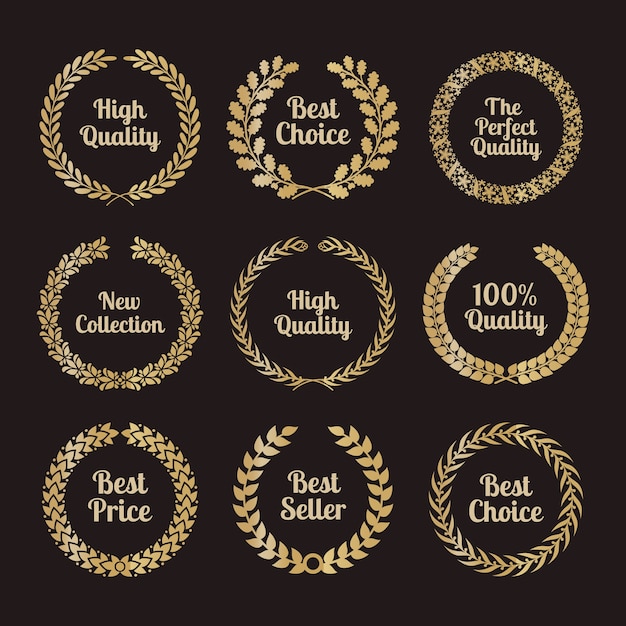 Coroas de louros de qualidade premium em estilo retro. sinal de distintivo dourado, prêmio e dourado.