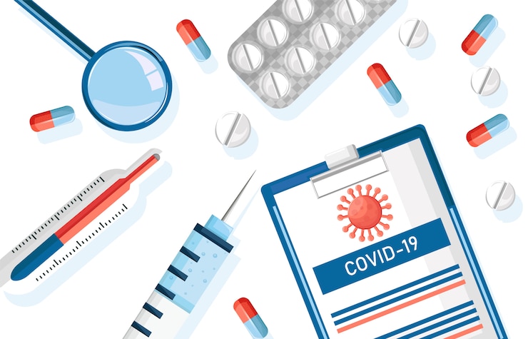 Vetor grátis corona virus medicamento drogas conjunto com pílulas, injeções e prancheta de papel com estatísticas