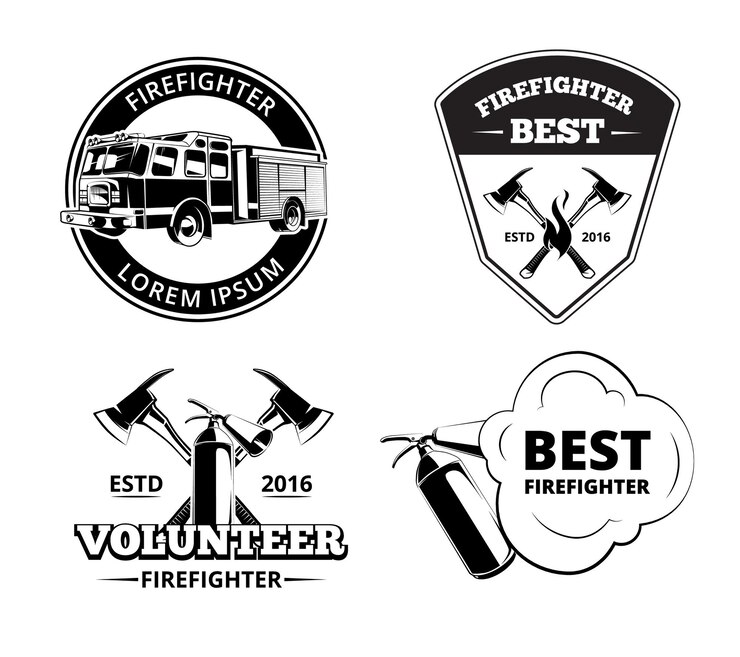 Vetor grátis corpo de bombeiros, etiquetas de bombeiro e conjunto de vetores de emblemas. emblemas de proteção contra incêndio