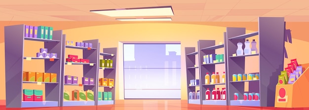 Vetor grátis corredor do supermercado dos desenhos animados com grande janela