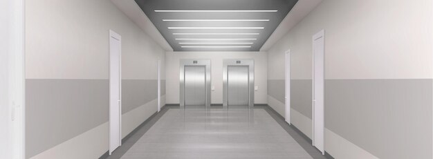 Corredor realista com dois elevadores fechados