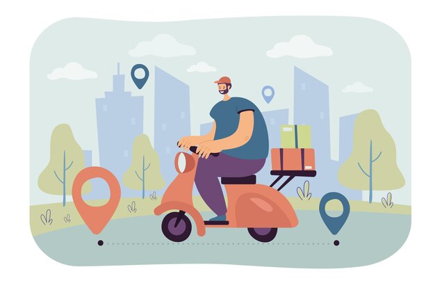 Correio profissional entregando pedidos de ilustração plana de scooter.