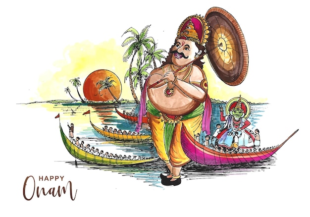 Corrida de barco-cobra em fundo de celebração de onam para fundo de rosto kathakali