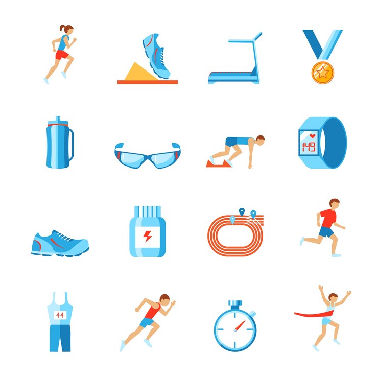 Vetor grátis corrida de corrida atividade esportiva conjunto plano de roupas de fitness sapatos e corredores ícones ilustração vetorial isolado