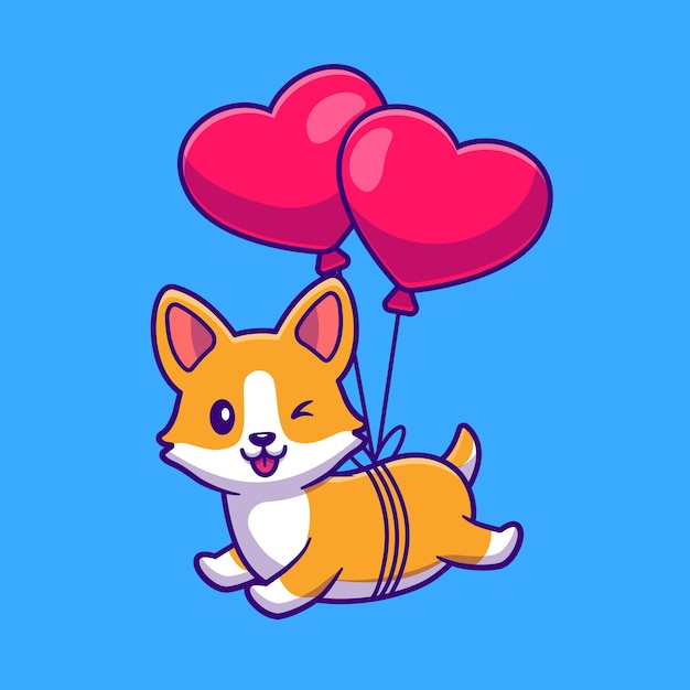 Vetor grátis corte o cão corgi flutuando com ilustração do ícone dos desenhos animados do balão do amor do coração.