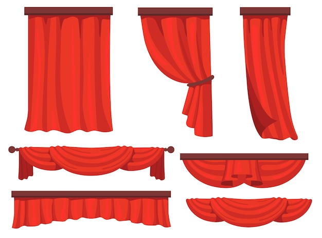 Cortinas vermelhas do palco planas para web design. Cortina de tecido de desenho animado na coleção de ilustração vetorial de ópera ou filme. Conceito de cortinas e decoração para janelas