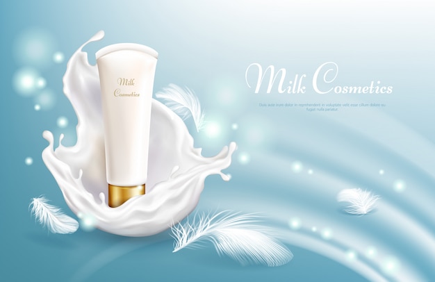 Cosméticos de leite 3d realista de vetor em tubo branco, macio e luz cosméticos