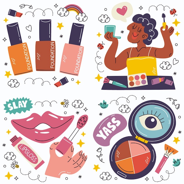 Cosméticos doodle e coleção de adesivos de maquiagem