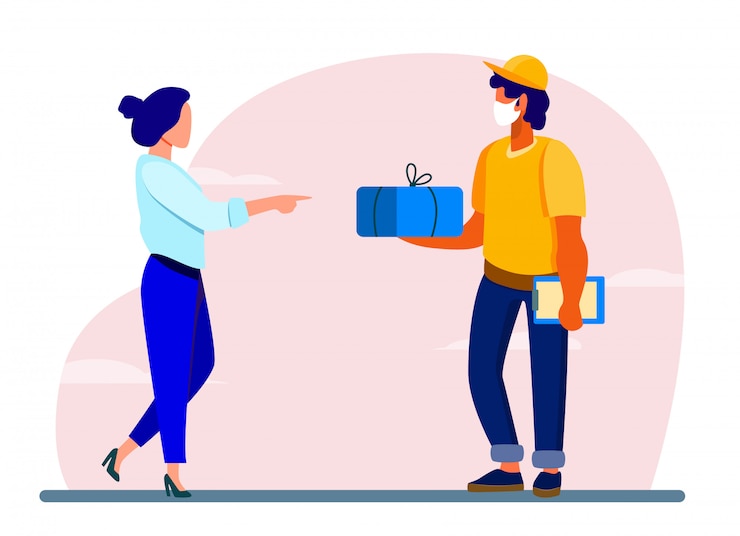 Vetor grátis courier entregando pacote ao cliente
