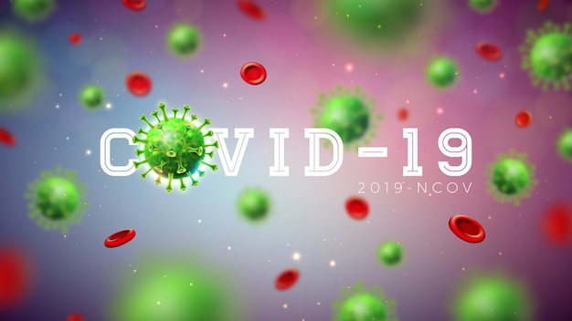 Covid19. projeto de surto de coronavírus com célula de vírus em vista microscópica sobre fundo verde. modelo de ilustração vetorial no tema epidêmico da sars perigosa para banner promocional ou panfleto.