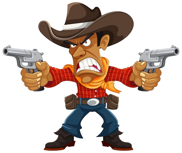 Vetor grátis cowboy furioso com arma um personagem de desenho animado