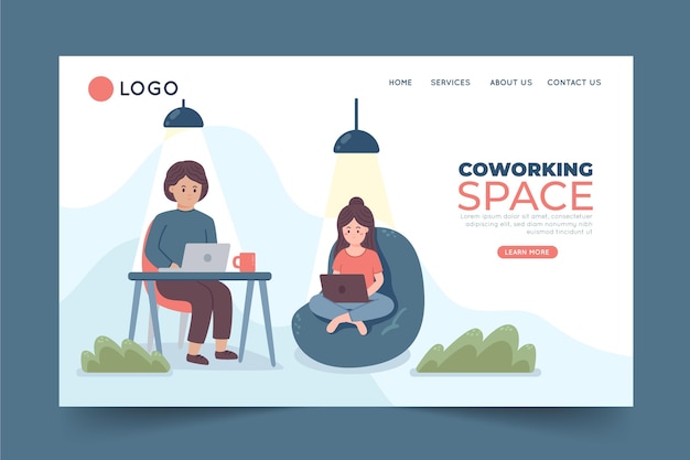 Coworking da página de destino desenhada à mão plana