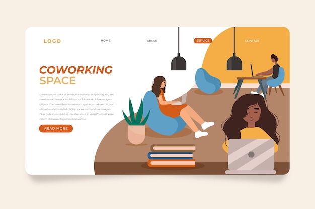 Coworking e colegas da página de destino desenhada à mão plana