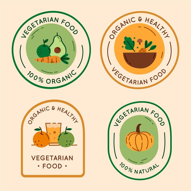 Crachás vegetarianos de design plano desenhado à mão
