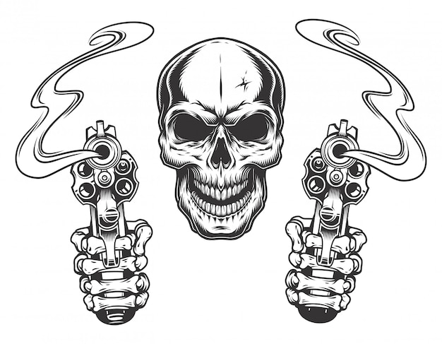 Vetor grátis crânio apontando com dois revólveres