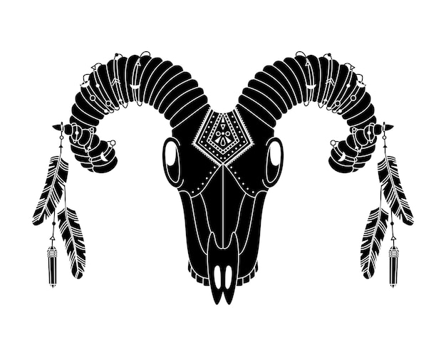 Crânio de animal no estilo boho com ornamentos geométricos e penas de pássaros. ilustração tribal em estilo simples.