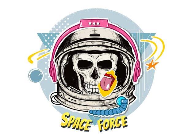 Crânio de astronauta pop art no capacete espacial e fones de ouvido