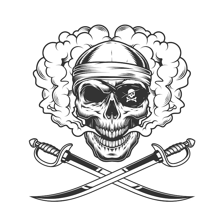 Vetor grátis crânio de pirata usando bandana e tapa nos olhos