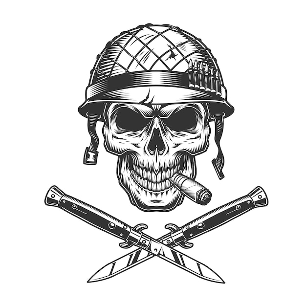 Crânio de soldado fumando charuto no capacete