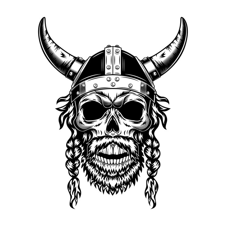 Vetor grátis crânio de viking em ilustração vetorial de capacete com chifres. cabeça monocromática de guerreiro escandinavo com barba e noivas