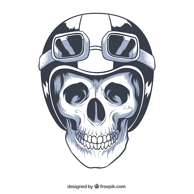 Crânio desenhado à mão com capacete e óculos