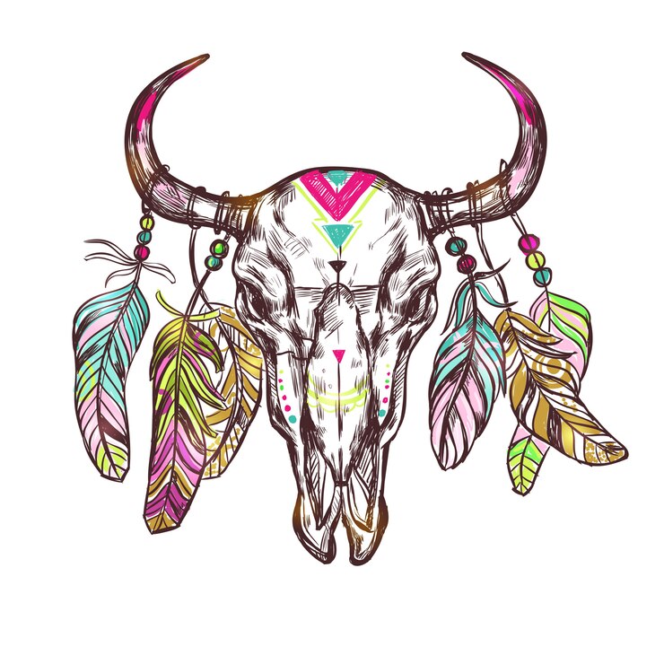 Vetor grátis crânio desenhado flores boho