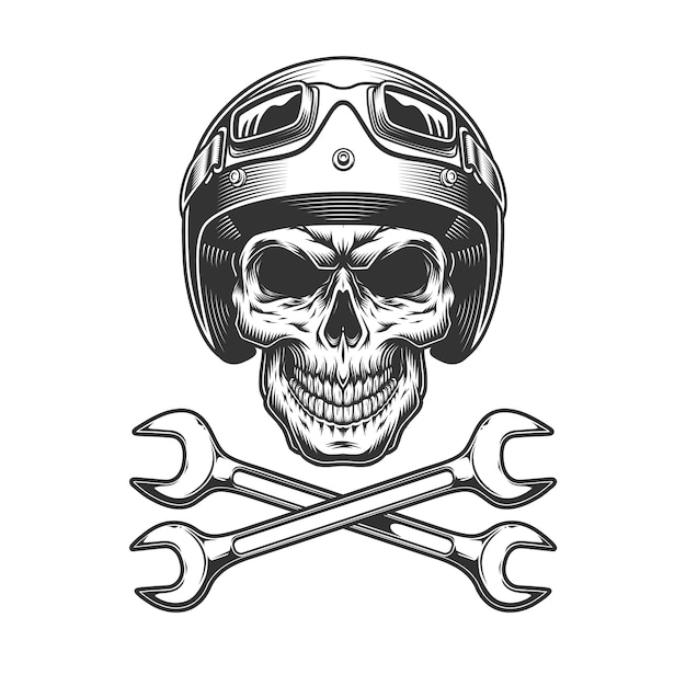 Crânio monocromático motociclista no capacete de moto