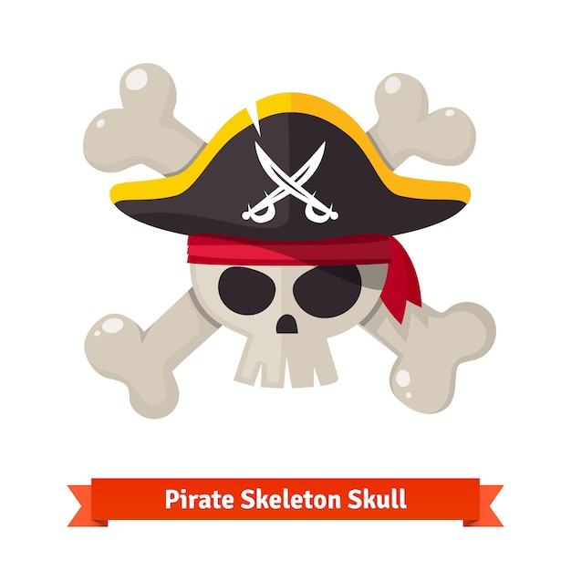 Vetor grátis crânio pirata com ossos cruzados no chapéu negro