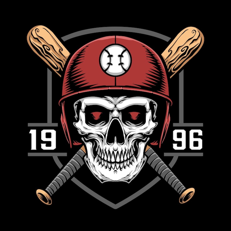 Vetor grátis crânio vestindo capacete de beisebol com taco de beisbol