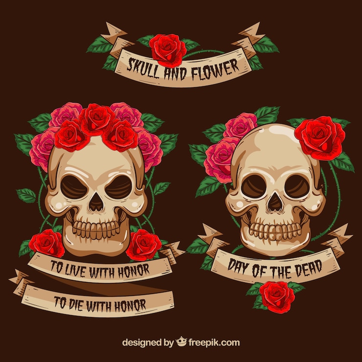 Vetor grátis crânios decorativos com flores e fitas
