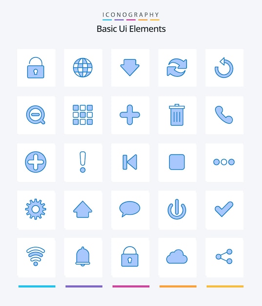 Creative basic ui elements 25 pacote de ícones azuis, como excluir menos rotação de pesquisa para baixo