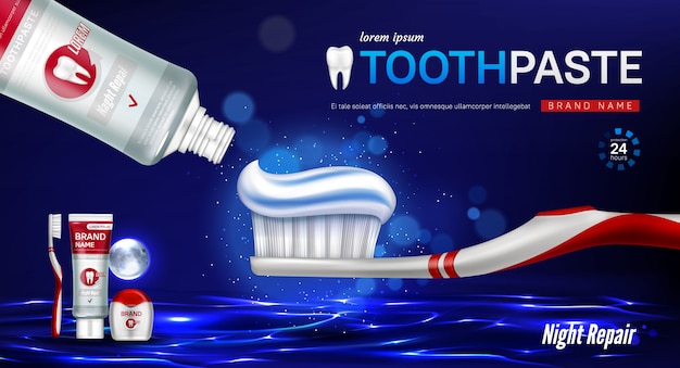 Creme dental, escova, fio dental e dente banner