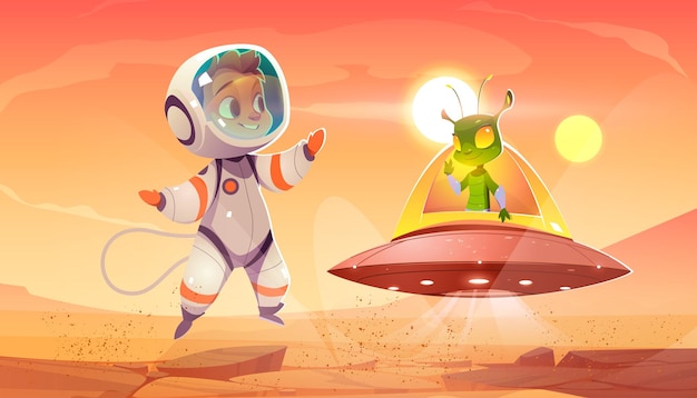 Criança alienígena e astronauta se encontrando no planeta vermelho