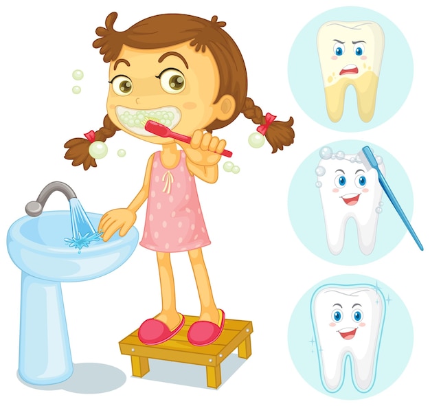 Vetor grátis criança feliz escovando os dentes com diferentes condições de dentes