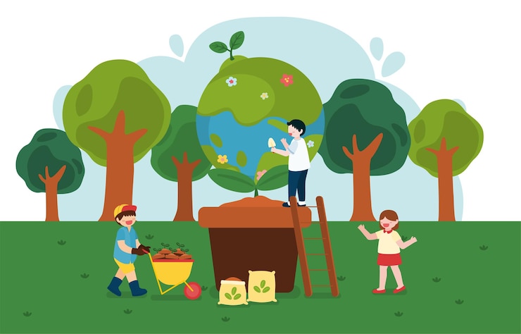 Vetor grátis crianças ajudam a plantar árvores no feliz dia da terra no personagem de desenho animado
