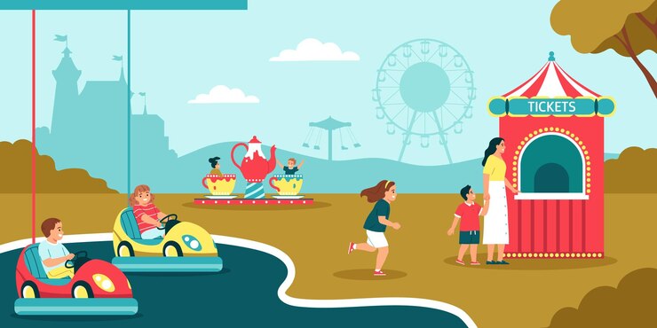 Vetor grátis crianças andando de carrinhos de bate-bate e carrosséis na ilustração vetorial plana do parque de diversões