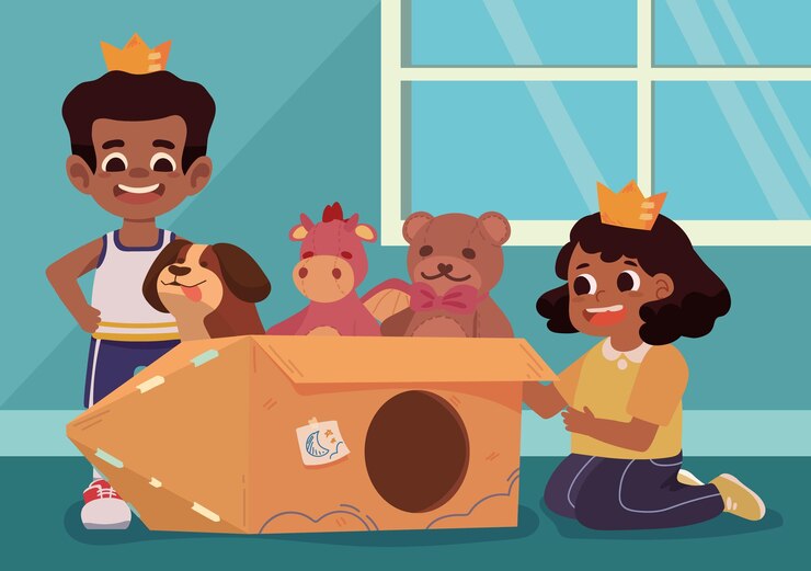 Vetor grátis crianças brincando com seus brinquedos de animais