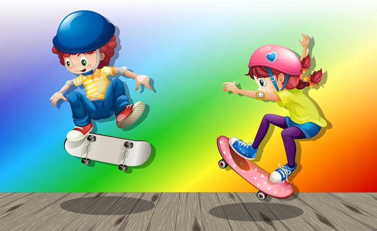 Vetor grátis crianças brincando de skate em um fundo gradiente de arco-íris