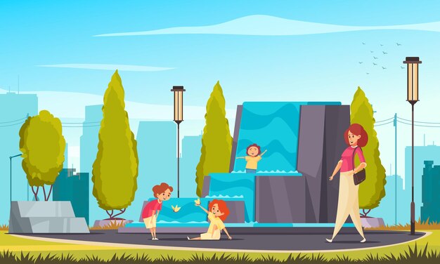 Crianças brincando na fonte no parque da cidade no fundo com céu azul e ilustração em vetor de desenhos animados da paisagem urbana