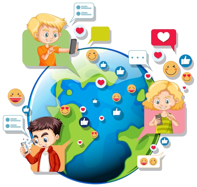 Vetor grátis crianças com elementos de mídia social no globo terrestre