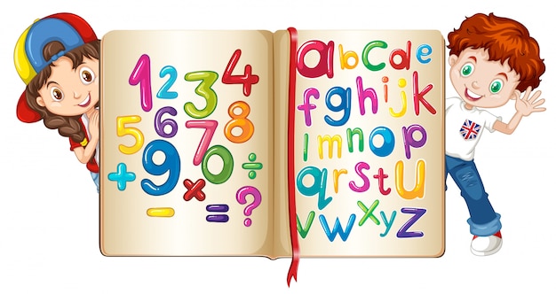 Crianças, com, livro números, e, alfabetos