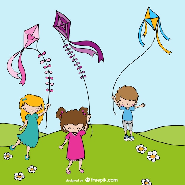 Crianças com pipas desenho animado