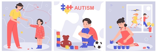 Vetor grátis crianças com síndrome de autismo brincando sozinhas e rejeitando abraços conjunto plano isolado ilustração vetorial