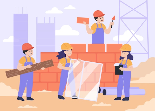 Crianças como trabalhadores da construção civil construindo parede de tijolos. crianças em uniforme construtor casa edifício juntos ilustração vetorial plana. ocupação, conceito de infância para banner ou página da web de destino