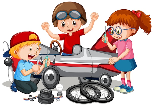 Crianças consertando um avião juntas